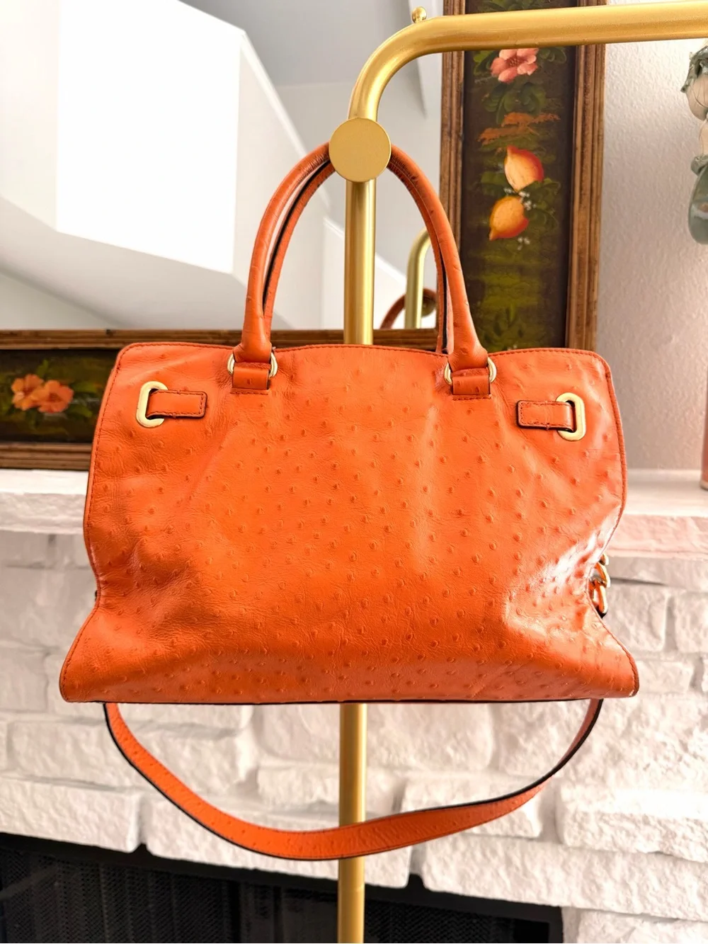 Michael Kors Hamilton Orange Ostrich Embossed Leather Satchel Shoulder Bag